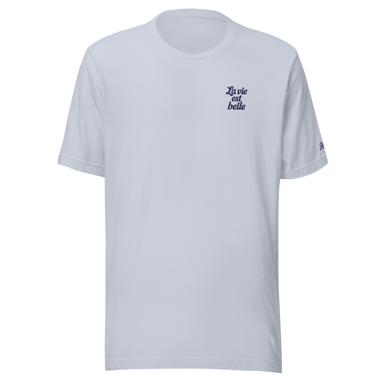 T-shirt bianca da uomo con scritta ricamata "La vie est belle", elegante e romantica per le vacanze.