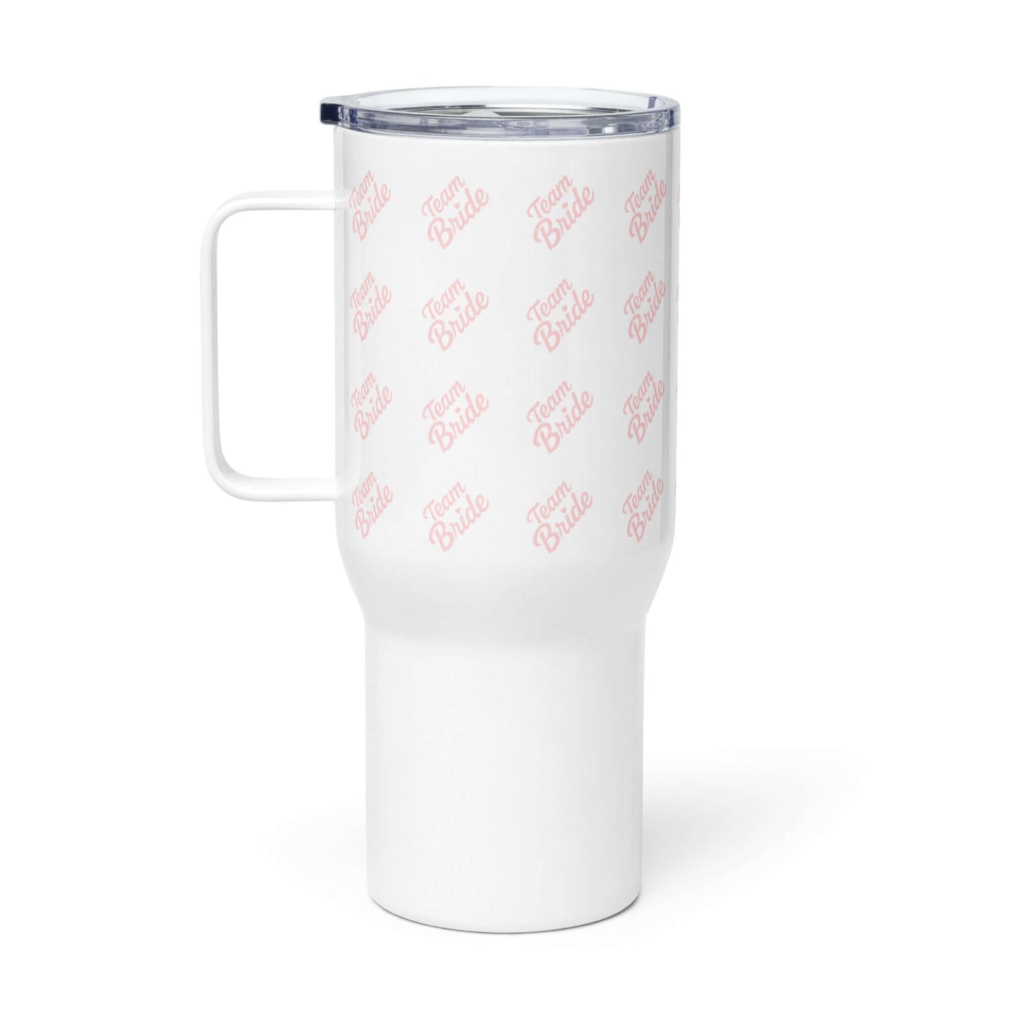 Tazza da viaggio bianca con manico e logo Team Bride, perfetta per l'addio al nubilato.