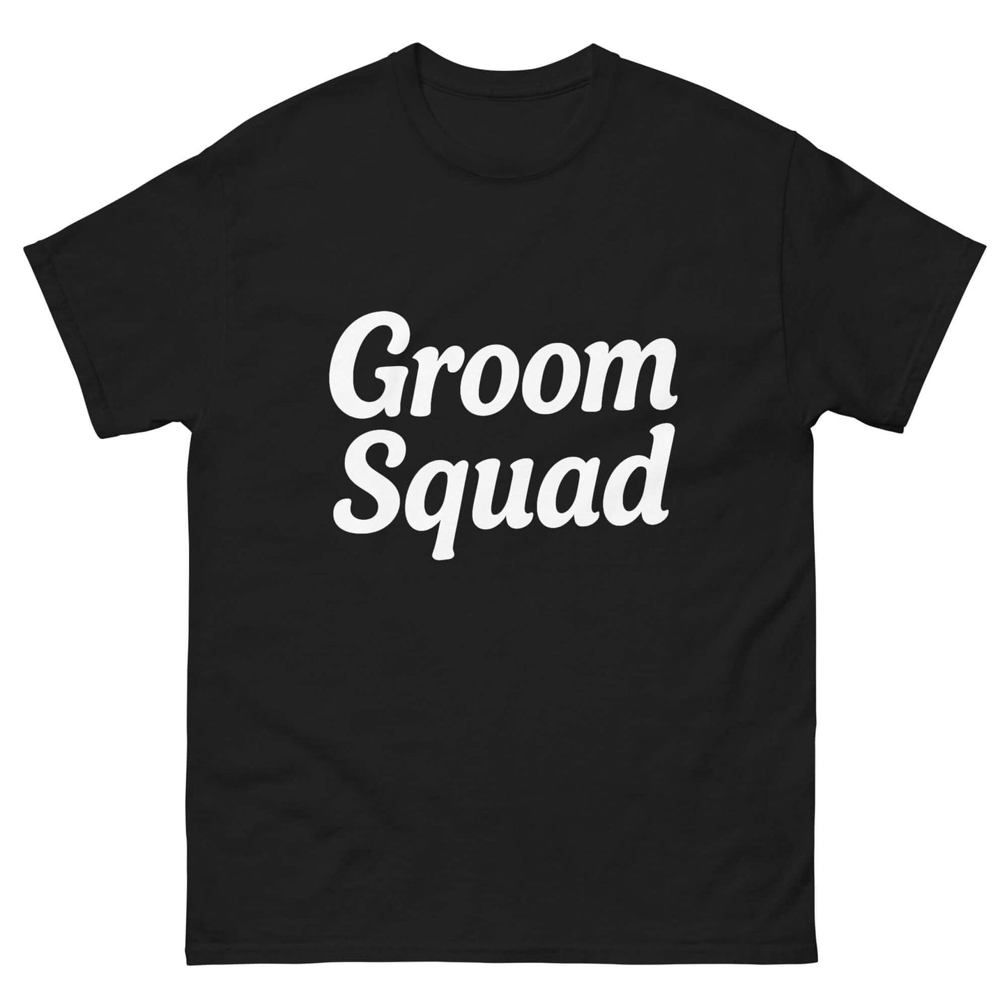 T-shirt nera "Groom Squad" in cotone, perfetta per l'addio al celibato e per i membri della crew dello sposo.