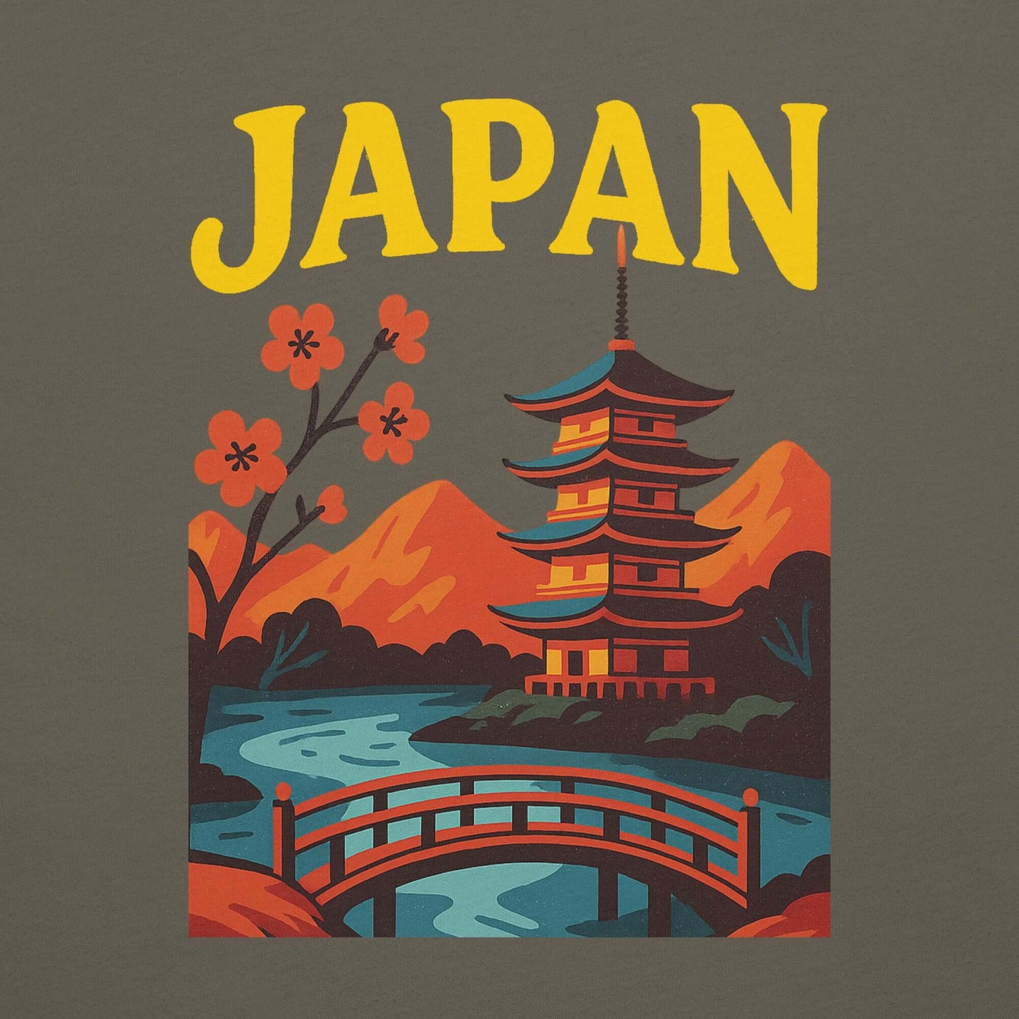 Maglietta con design giapponese, scritta "JAPAN" e paesaggio di tempio, perfetta per viaggi e vacanze.