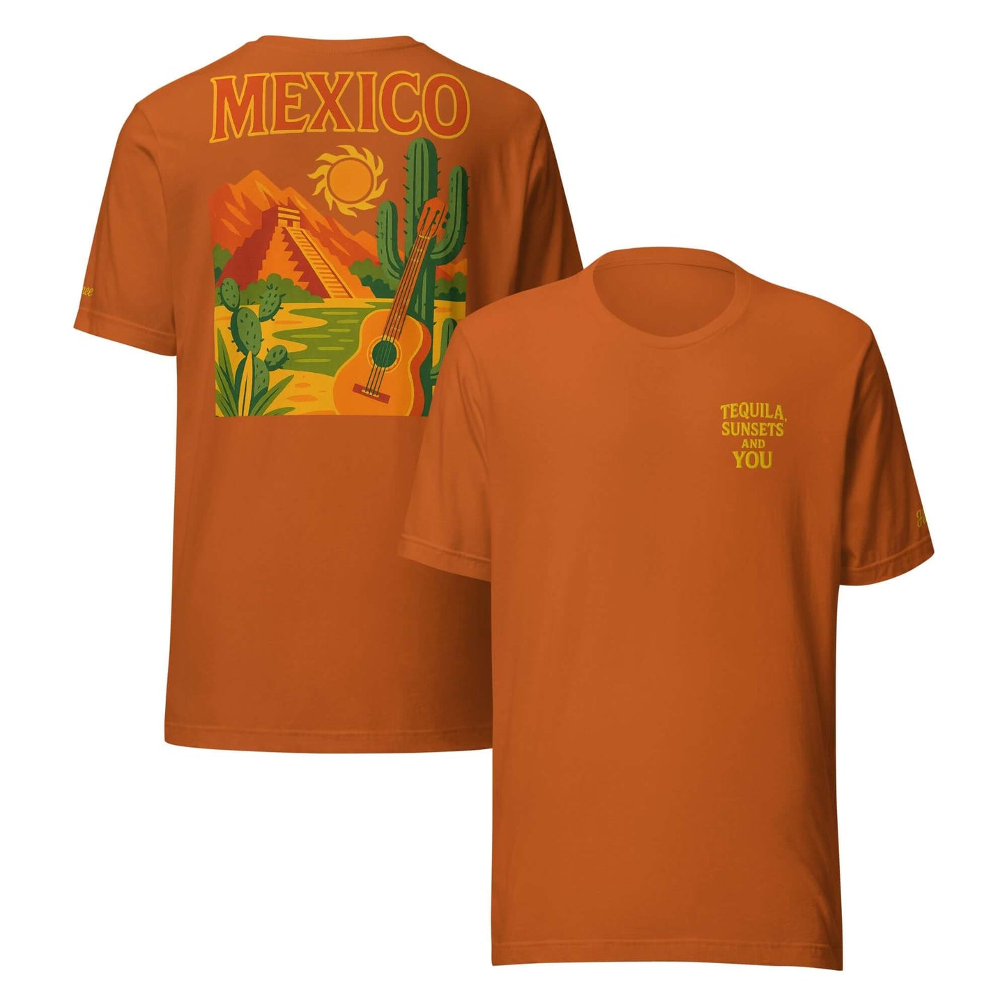 T-shirt da uomo Messico con frase ricamata "Tequila, Sunsets and You" e grafica esclusiva sul retro.
