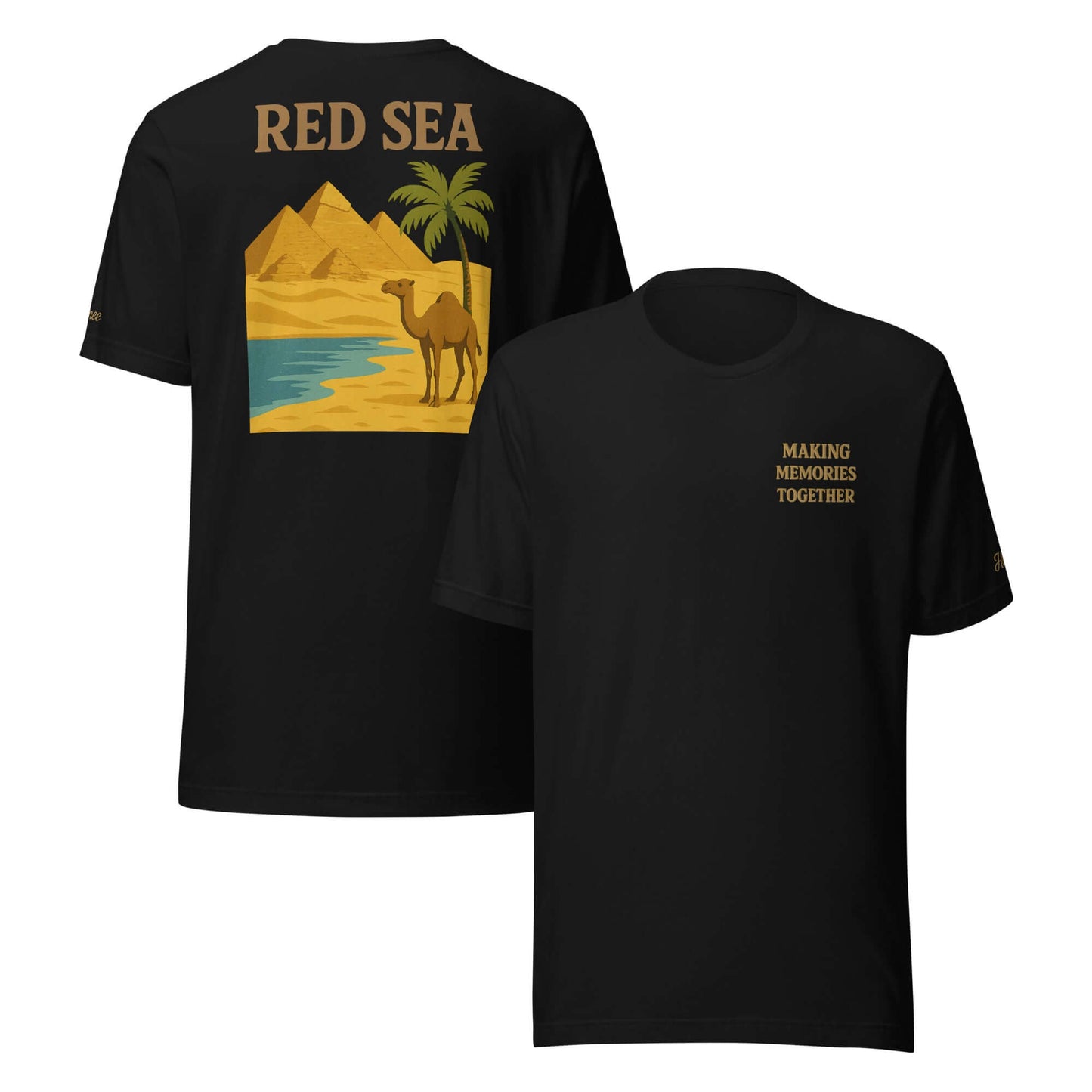 T-shirt vacanze Mar Rosso da uomo nera con frase 'Making Memories Together' e stampa Egitto sul retro.
