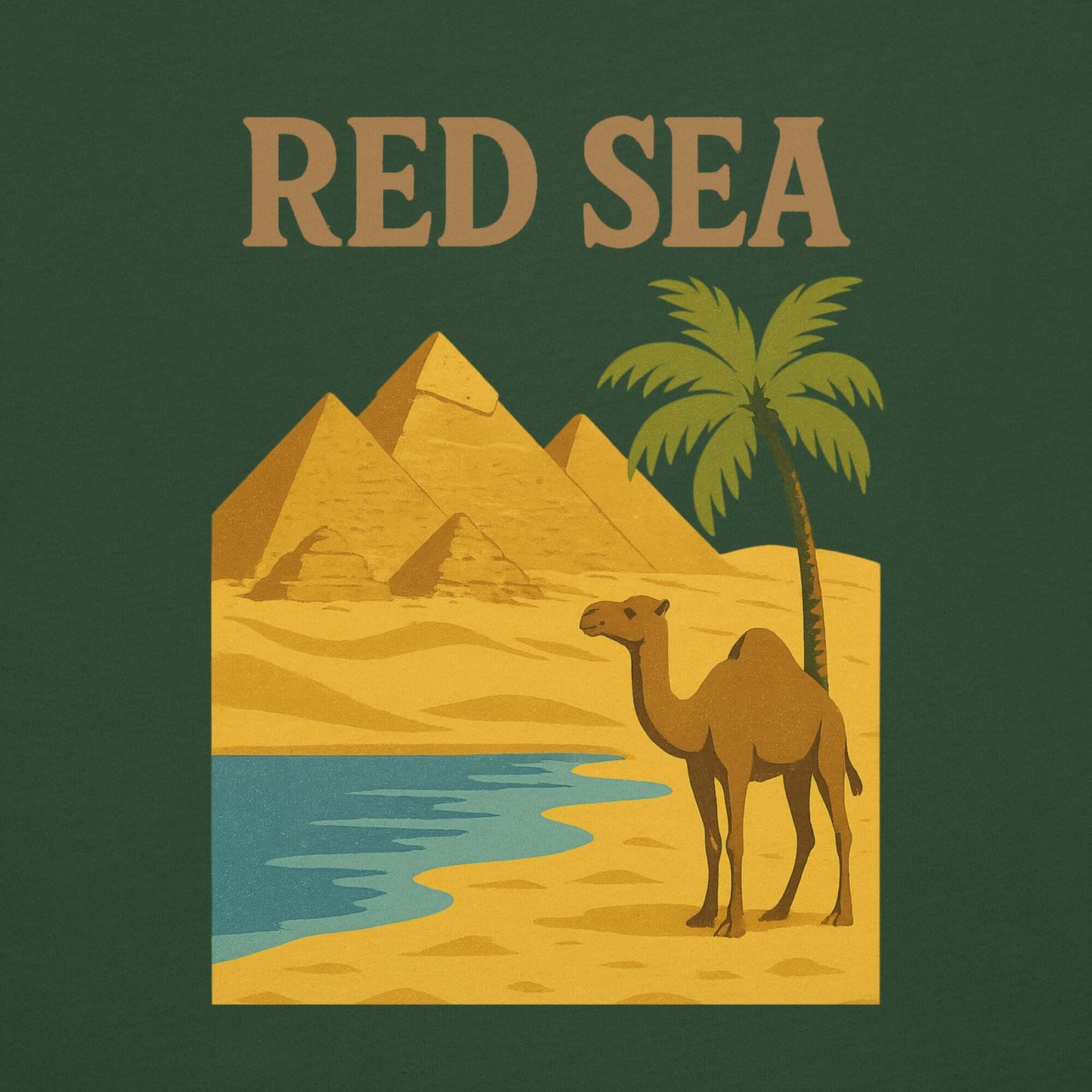 Design di maglietta con cammello, palme e piramidi, ispirato al Mar Rosso.