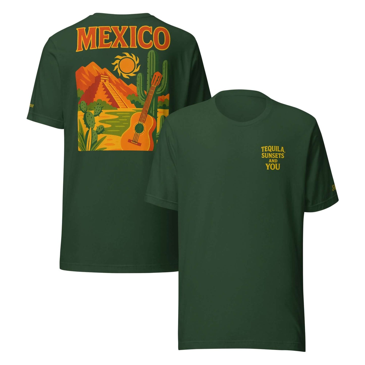T-shirt da uomo Messico con grafica ricamata 'Tequila, Sunsets and You', ideale per vacanze estive.