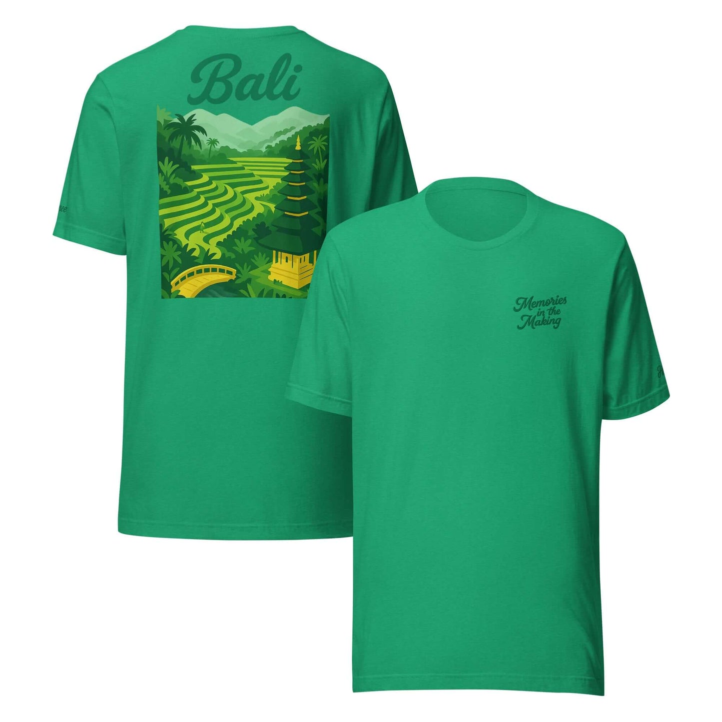 T-shirt da uomo Bali ricamata con il motto "Memories in the Making", verde, ideale per viaggi di coppia e vacanze.