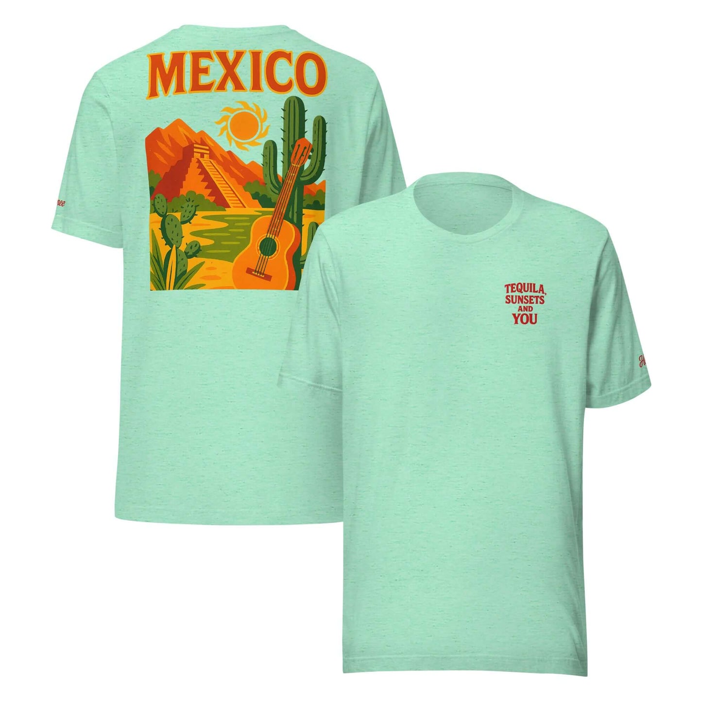 T-shirt da donna Messico con ricamo "Tequila, Sunsets and You" e stampa retro evocativa per look vacanze.