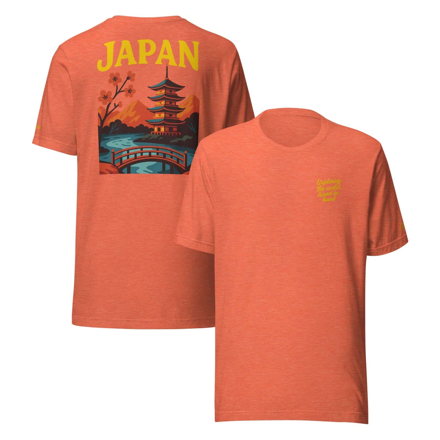 T-shirt da uomo ricamata Giappone, con stampa pagoda e frase 'Exploring the World'. Maglietta coppia per vacanze.