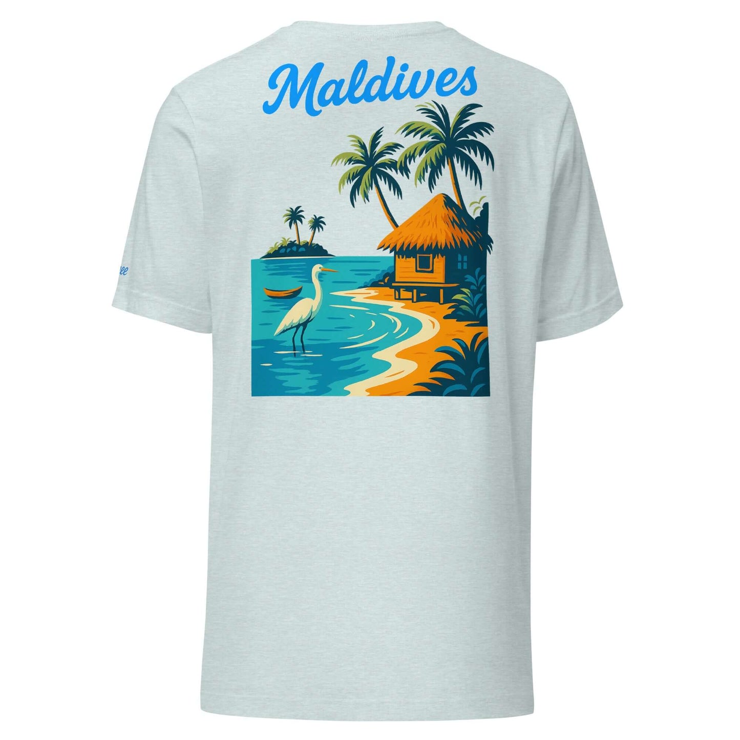 T-shirt vacanze con grafica delle Maldive, palme e casa tropicale sul retro.