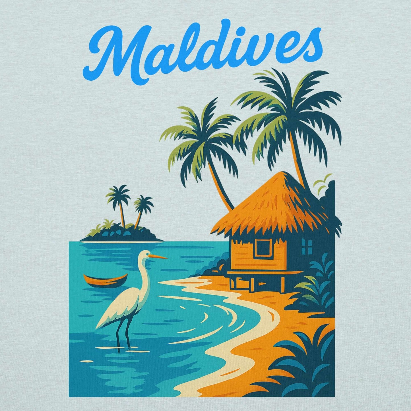 Illustrazione delle Maldive con palme, un cottage e un uccello lungo la costa.