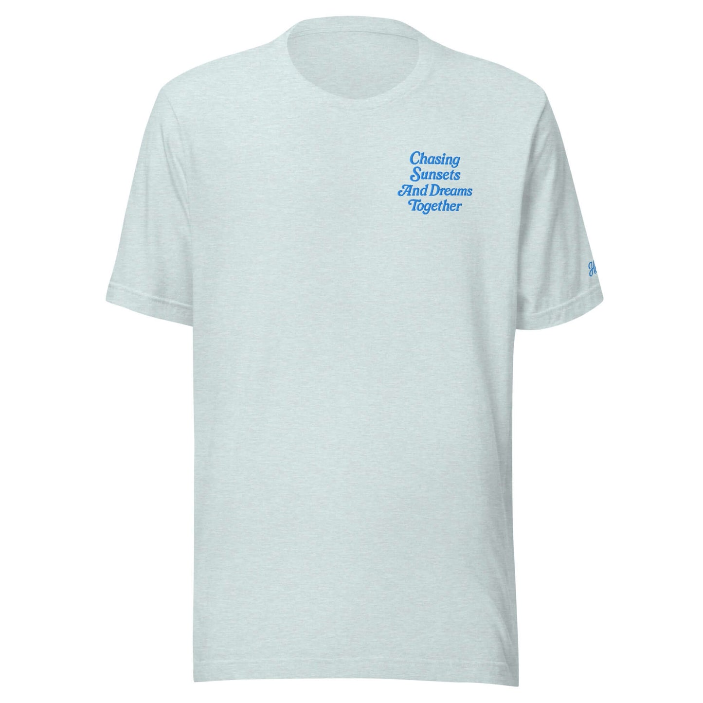 T-shirt vacanze donna ricamata con frase "Chasing Sunsets and Dreams Together", maglietta coppia.