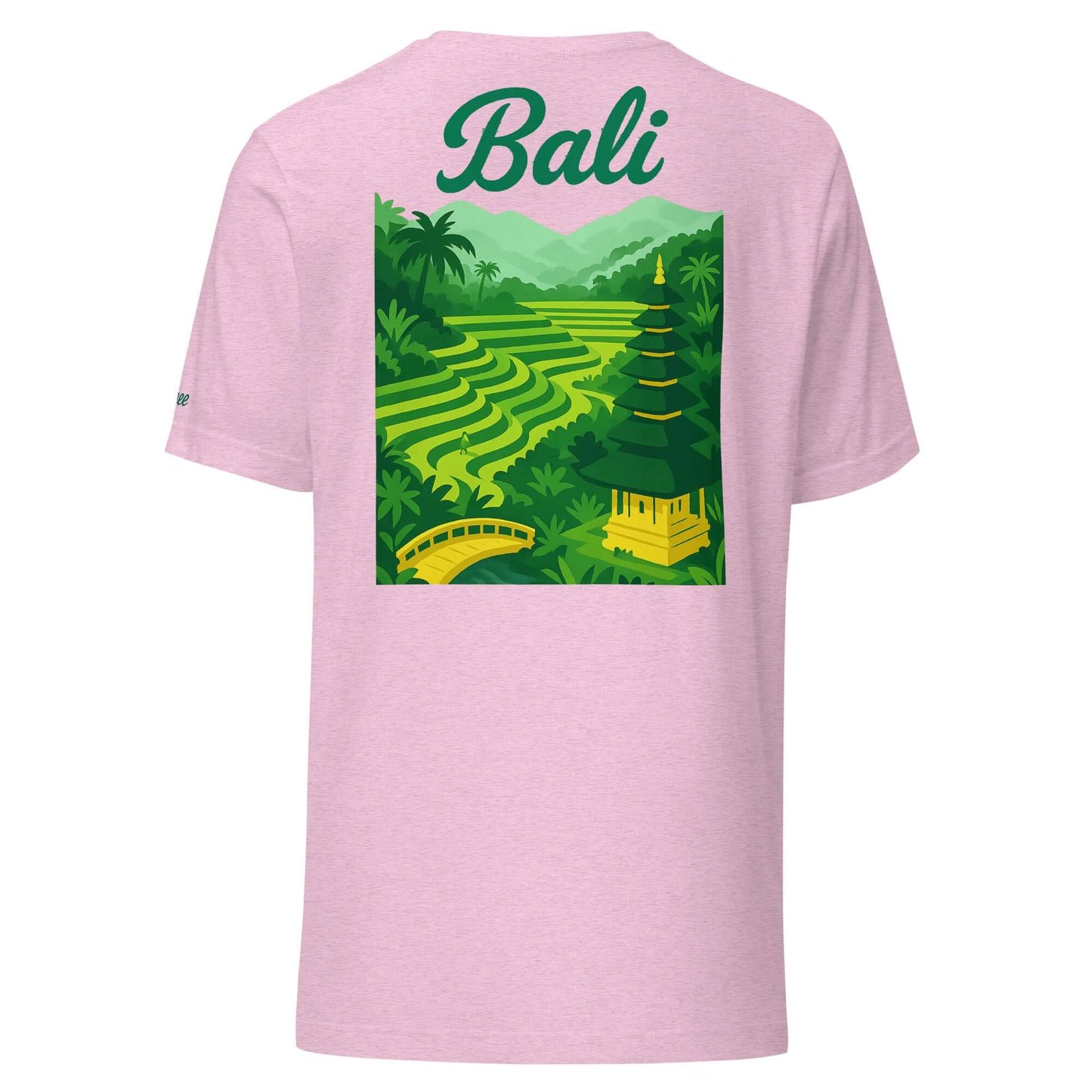T-shirt rosa con stampa tropicale e la scritta 'Bali' sul retro, ideale per vacanze e momenti romantici.