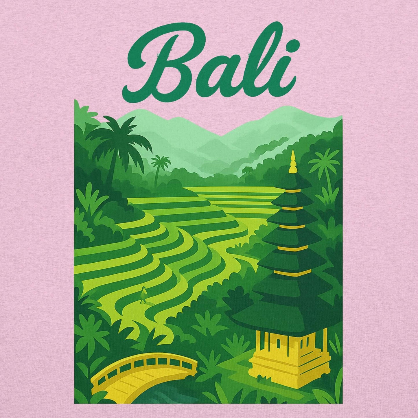 Stampa tropicale su maglietta rosa con paesaggio di Bali, simbolo di vacanze e ricordi indimenticabili.