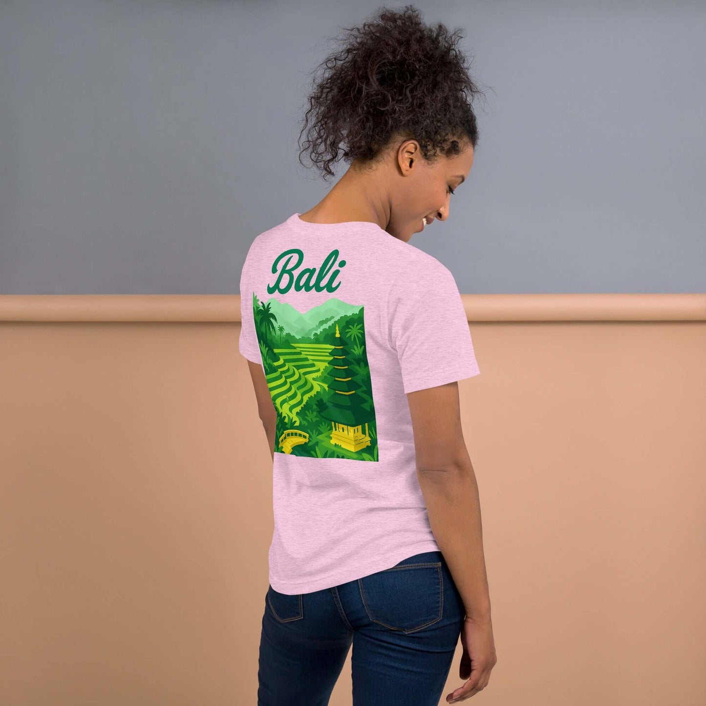T-shirt vacanze da donna Bali con stampa tropicale sul retro, maglietta ricamata elegante.