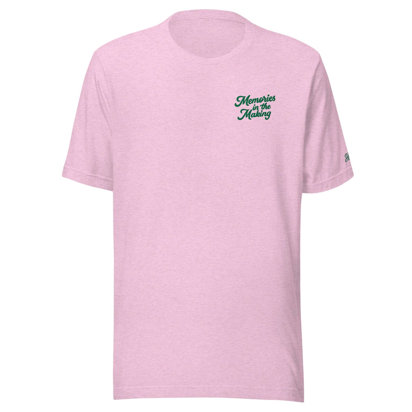 T-shirt donna rosa ricamata "Memories in the Making" ideale per vacanze e coppie.