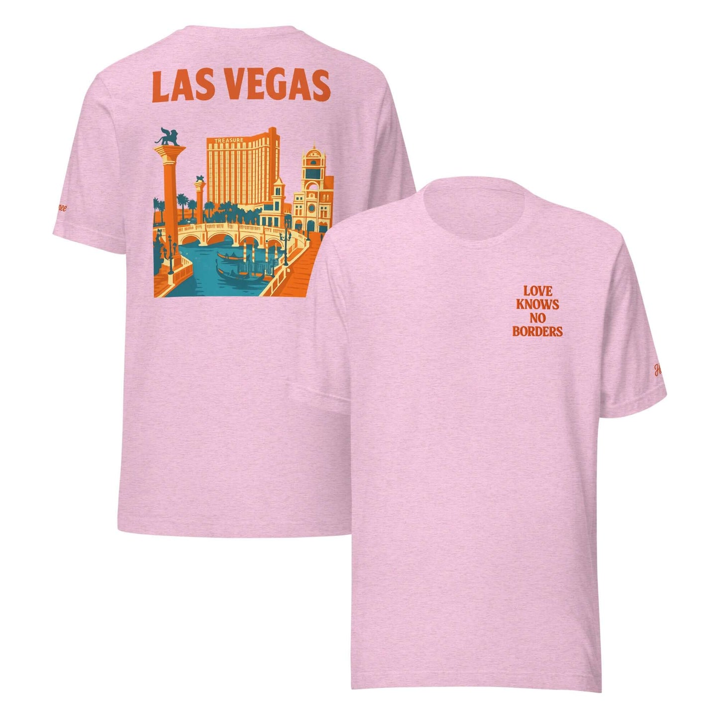 T-shirt Las Vegas ricamata da donna rosa con scritta "Love Knows No Borders" e stampa iconica sul retro.