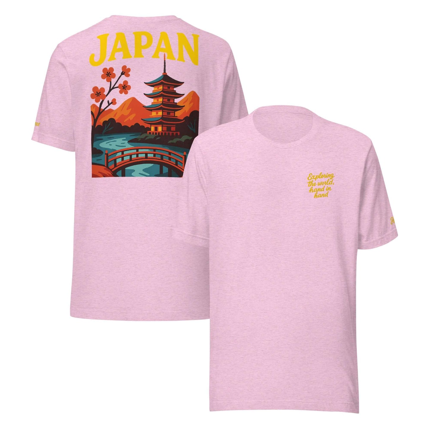 T-shirt da donna rosa con grafica giapponese e frase 'Exploring the World, hands in hands'. Maglietta ricamata perfetta per le vacanze.