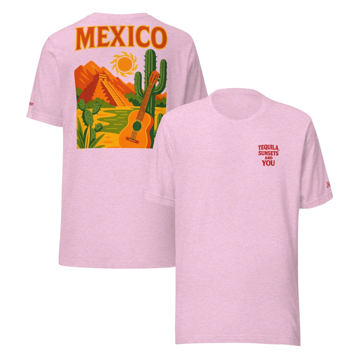 T-shirt vacanze da donna Messico, maglietta ricamata con frase "Tequila, Sunsets and You" e grafica colorful.