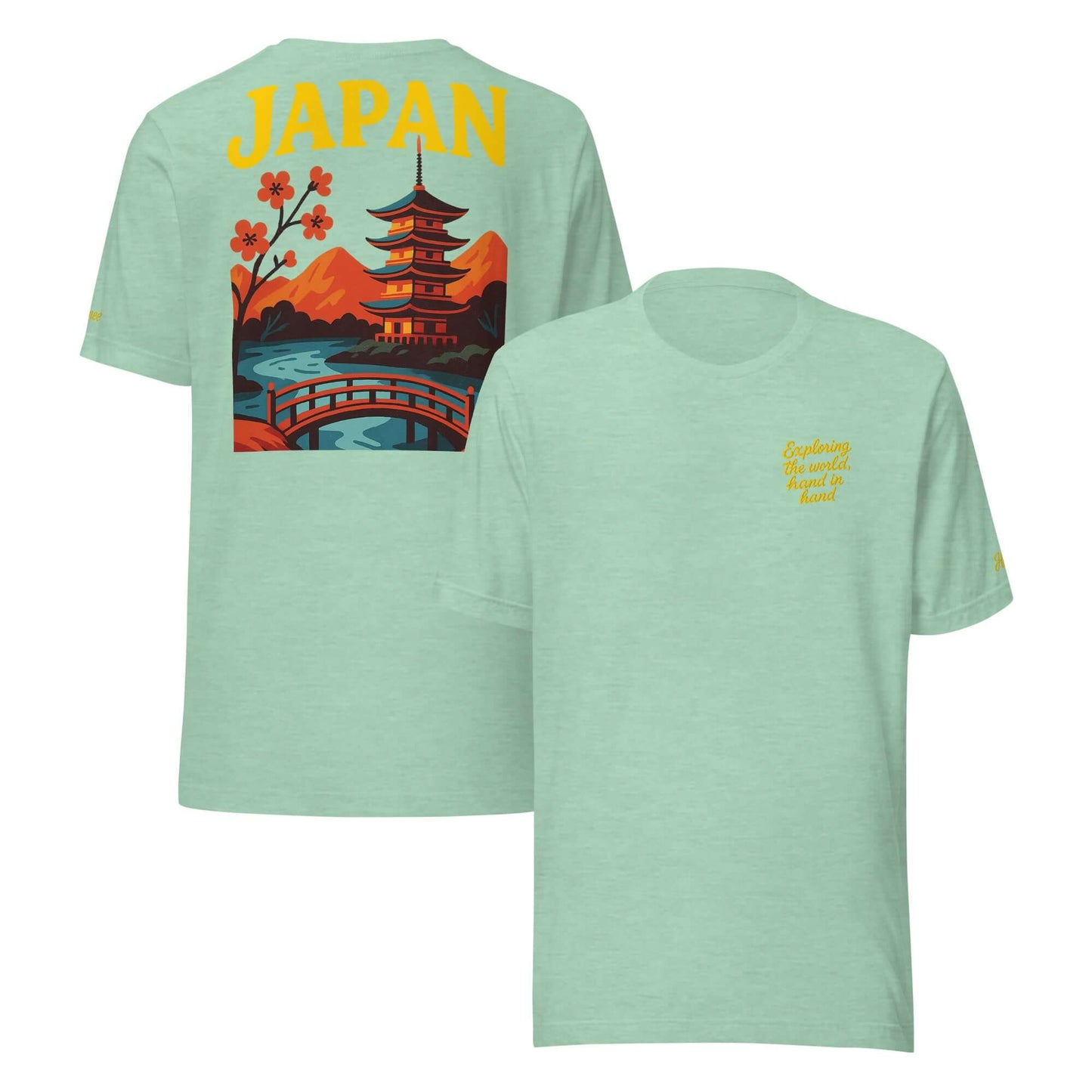 T-shirt da donna Giappone con frase 'Exploring the World, hands in hands' e stampa grafica sul retro.