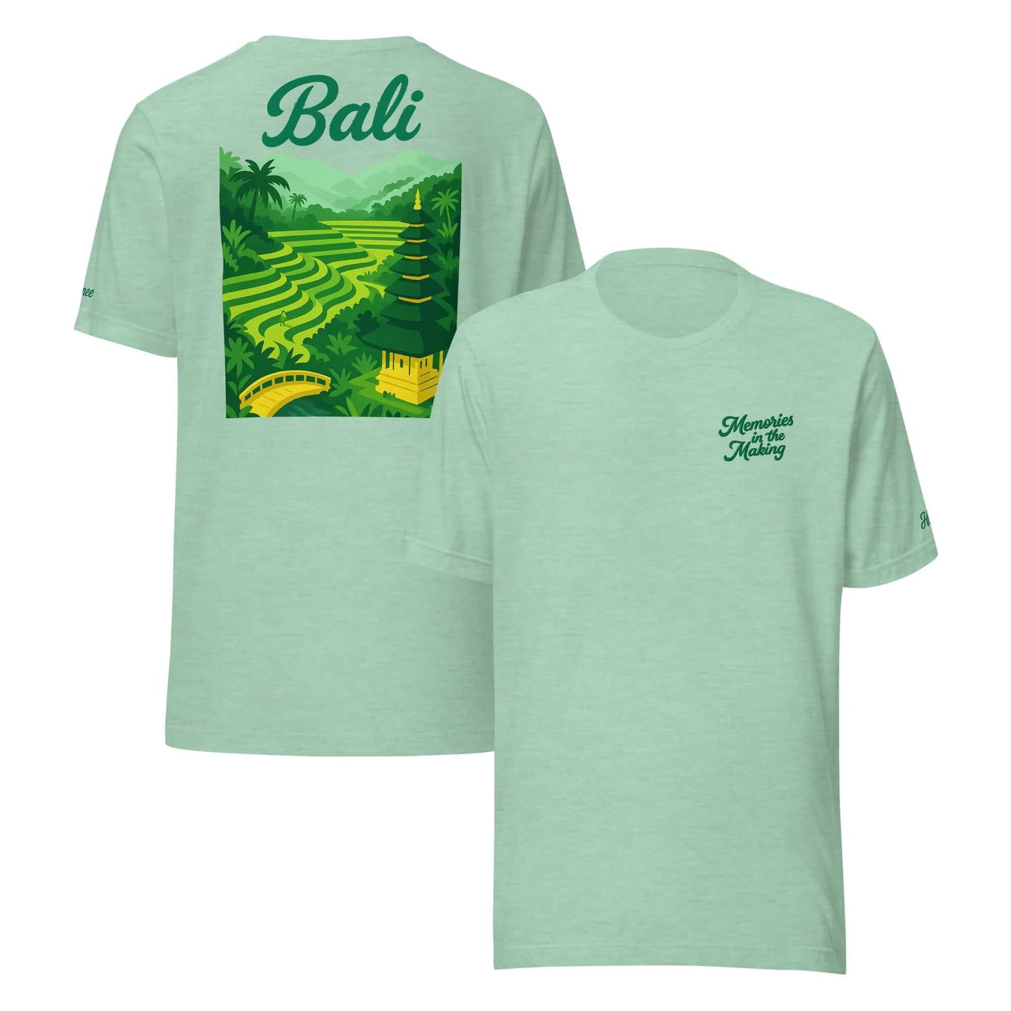 T-shirt da donna Bali ricamata verde chiaro con frase "Memories in the Making" e stampa tropicale sul retro.