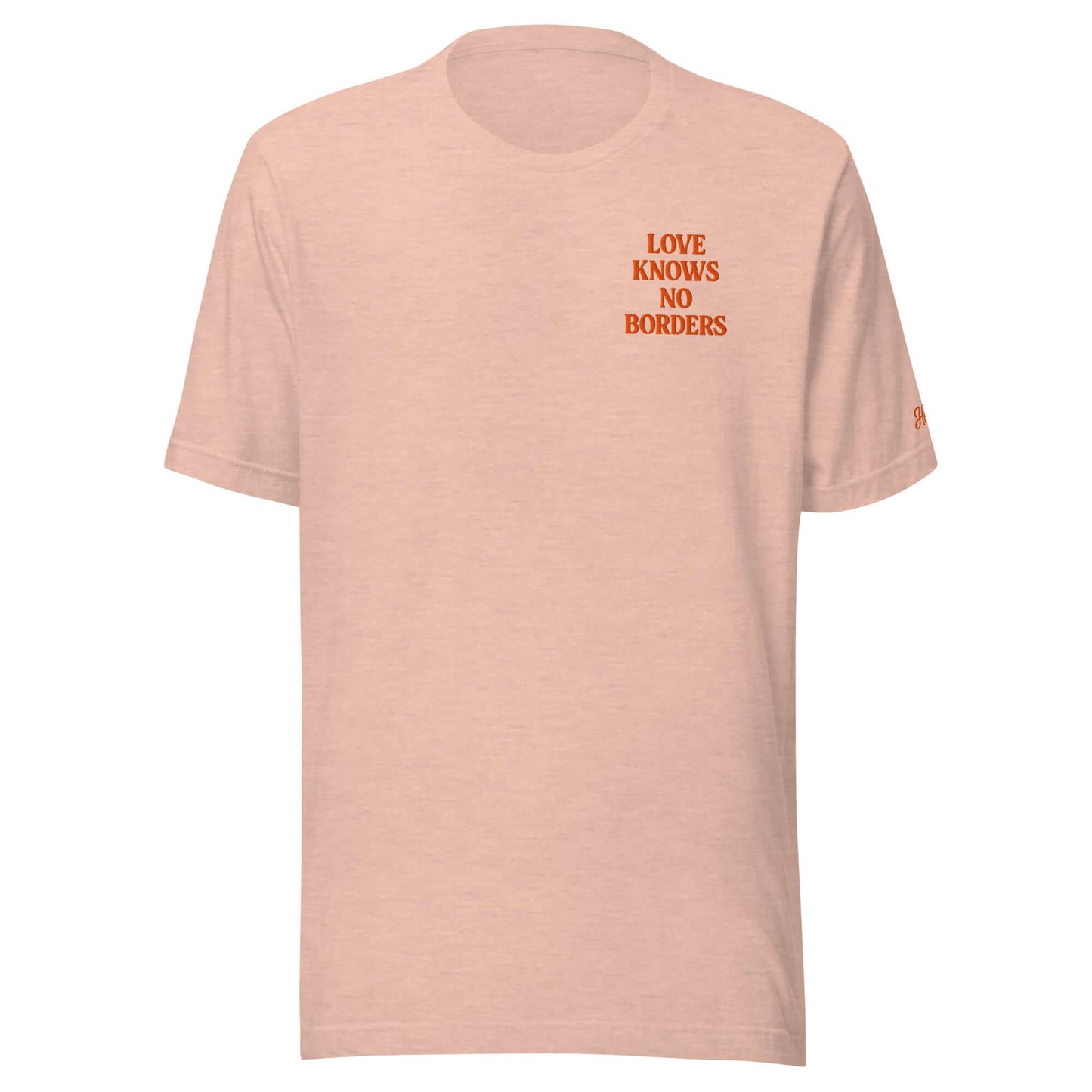 Maglietta ricamata da donna Las Vegas con scritta "Love Knows No Borders" in arancione su sfondo rosa.