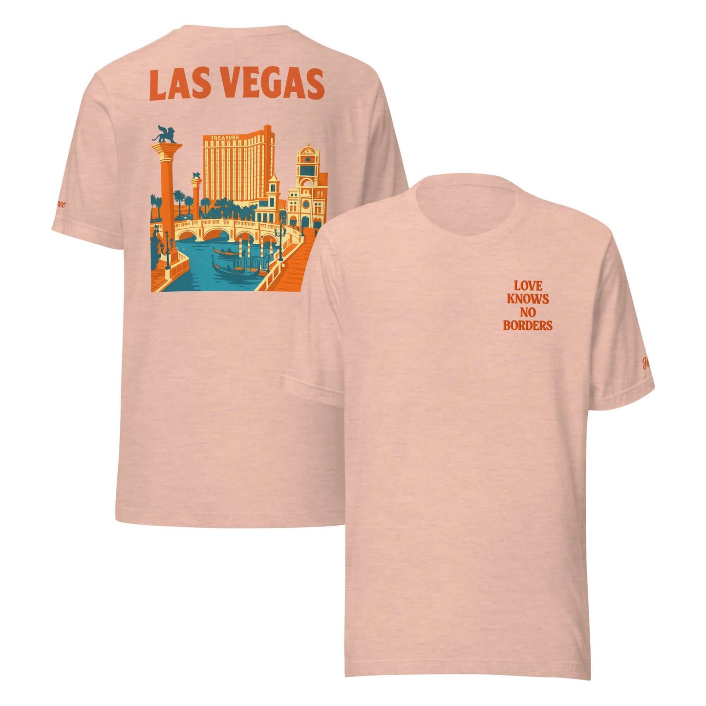 T-shirt Las Vegas da donna con frase 'Love Knows No Borders' e grafica ispirata alla città.