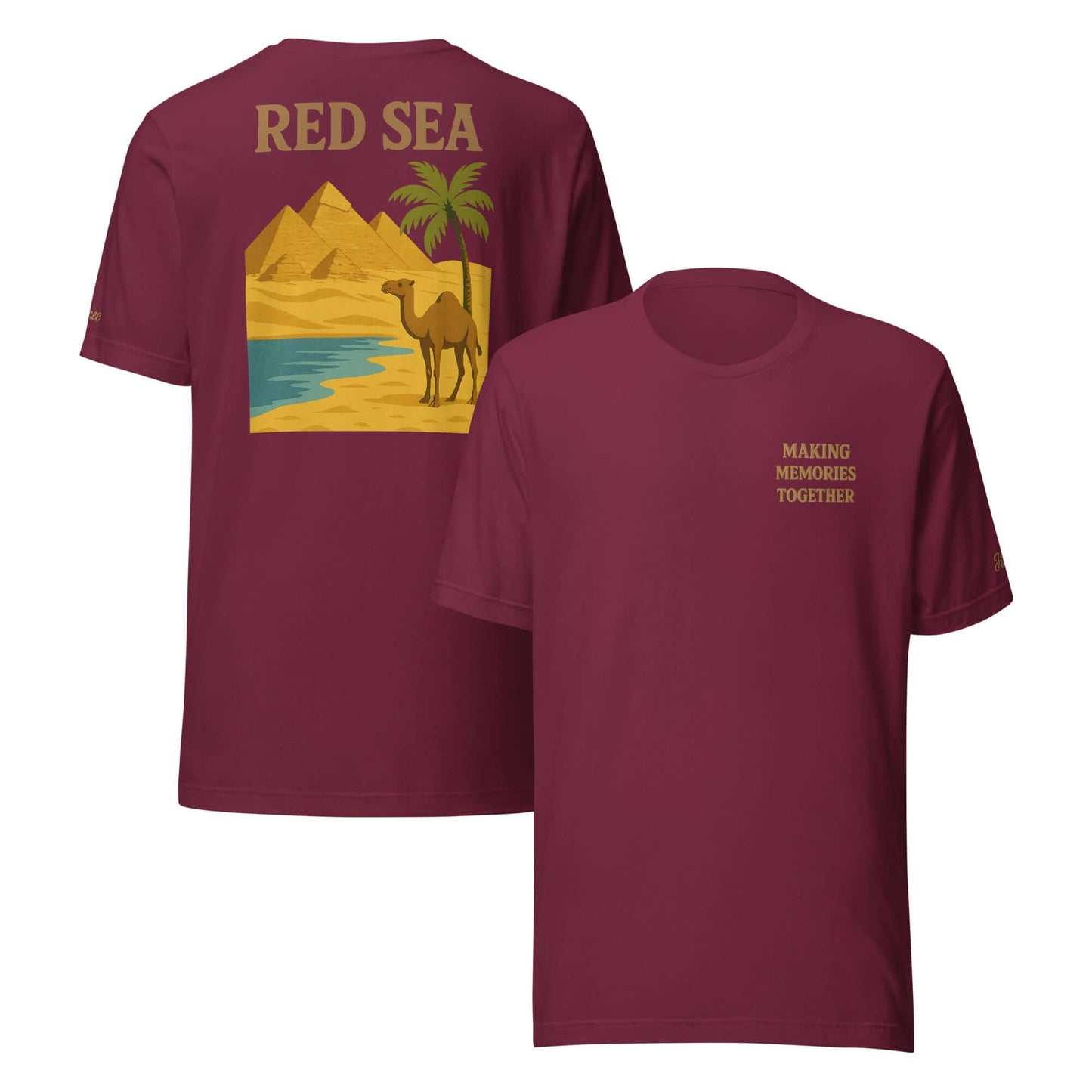T-shirt vacanze Mar Rosso da uomo, maglietta ricamata con frase 'Making Memories Together' e design ispirato all'Egitto.