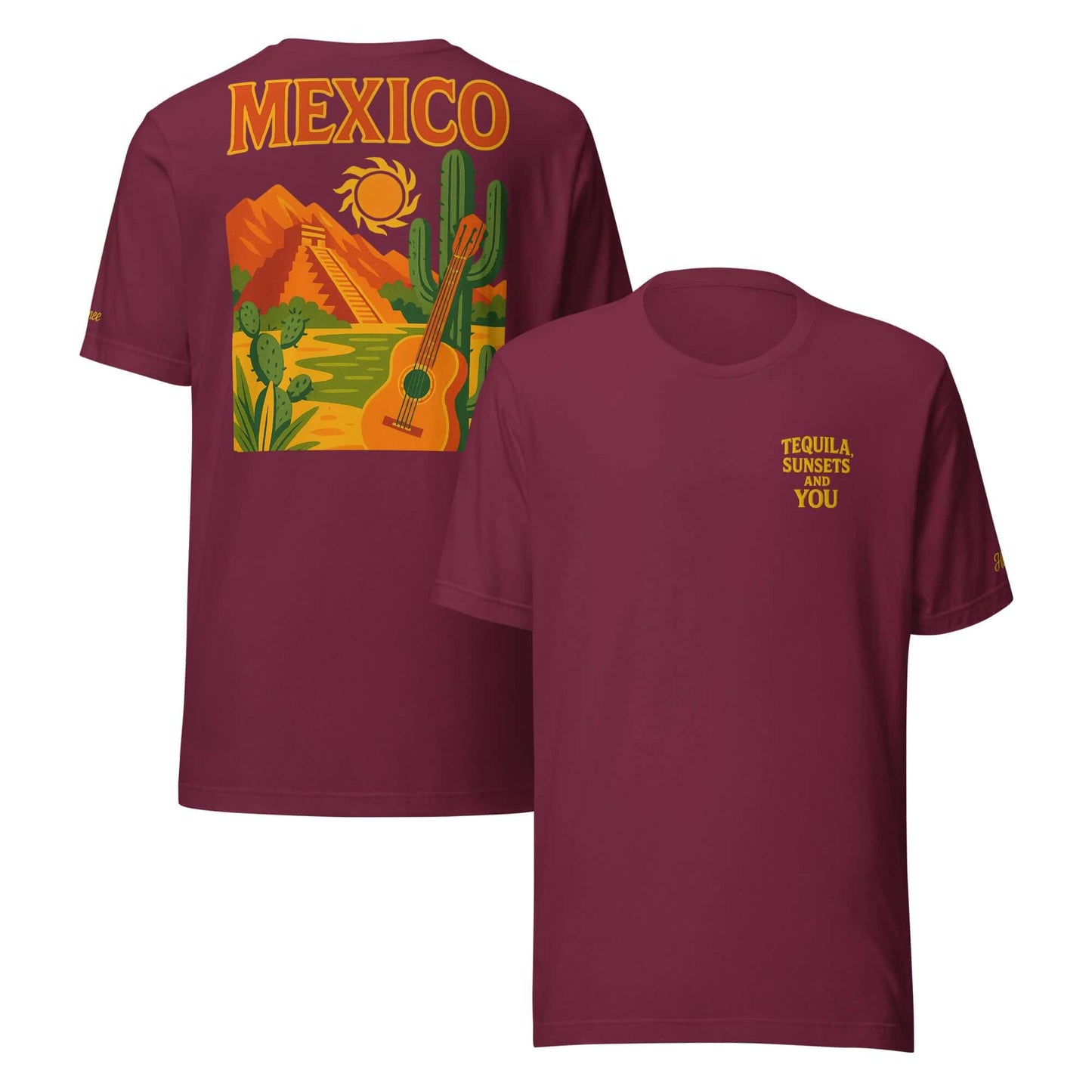 T-shirt da uomo Messico con frase 'Tequila, Sunsets and You' e grafica esclusiva, ideale per vacanze e coppie.