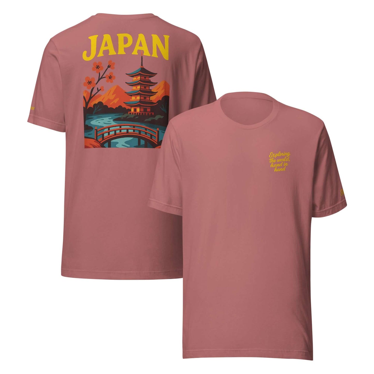 T-shirt ricamata da uomo con design giapponese e frase 'Exploring the World, hands in hands'.