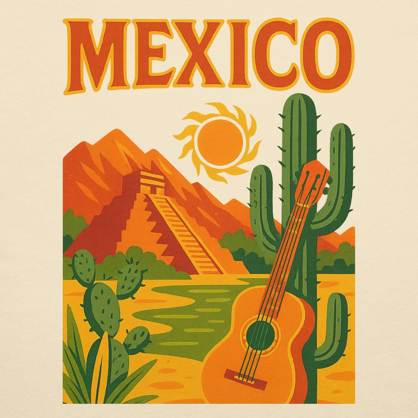 Grafica colorata con scritta 'MEXICO', chitarra e paesaggio messicano con cactus e piramide.