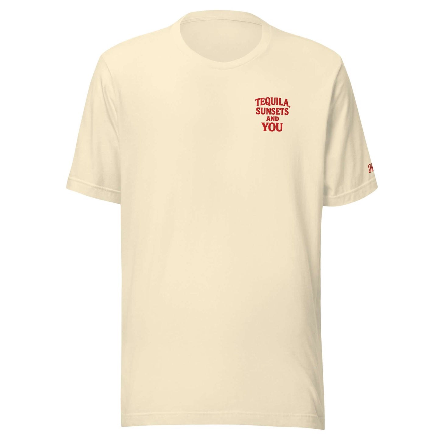 T-shirt vacanze da donna con frase ricamata 'Tequila, Sunsets and You', maglietta in cotone beige.