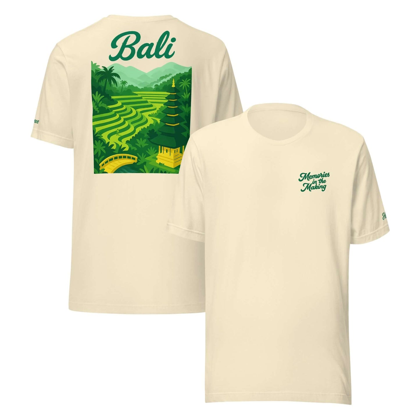 T-shirt da donna con ricamo "Memories in the Making" e stampa tropicale di Bali, perfetta per vacanze romantiche.