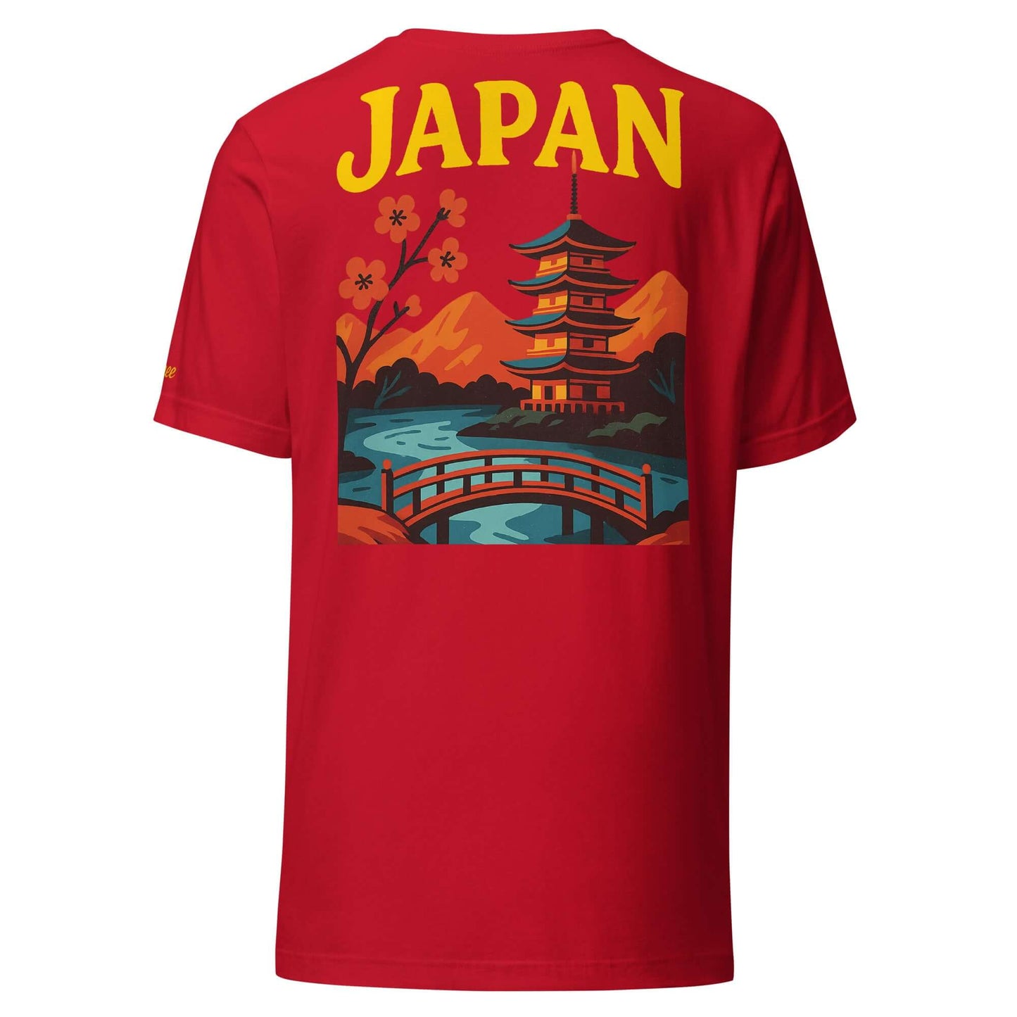 T-shirt rossa da donna con stampa giapponese e scritta 'JAPAN', ideale per vacanze e coppie.