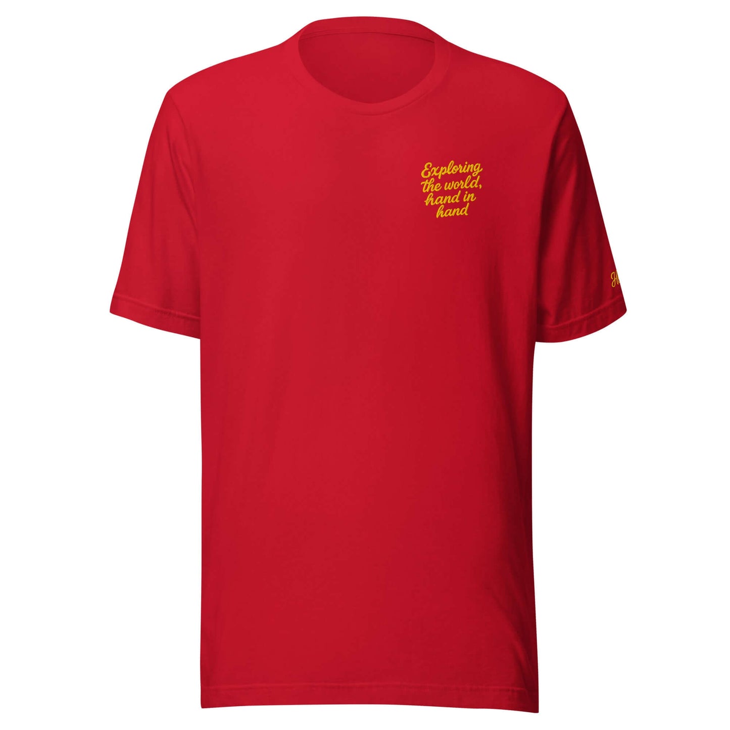 T-shirt rossa da donna con frase ricamata "Exploring the World, hands in hands", perfetta per coppie in vacanza.