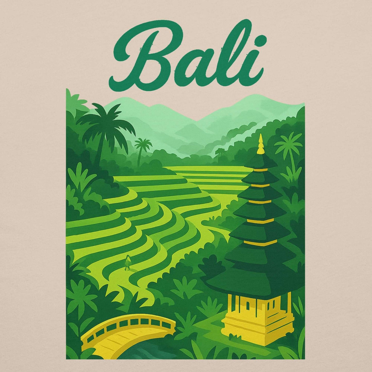Stampa evocativa con scritta 'Bali', che rappresenta paesaggi verdi e risaie tipiche dell'isola.