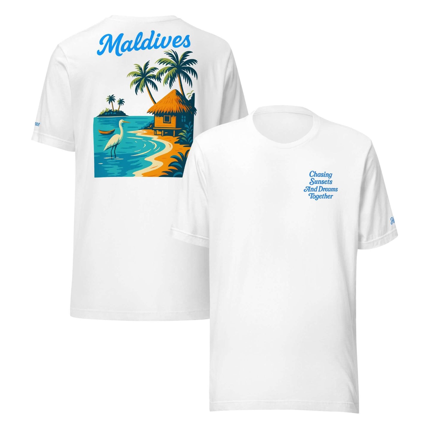 T-shirt vacanze da donna con design ricamato, frase "Chasing Sunsets and Dreams Together" e stampa Maldives