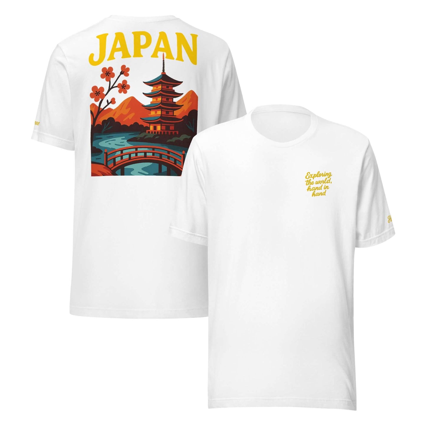 T-shirt da donna con frase 'Exploring the World, hands in hands', grafica giapponese sul retro, maglietta ricamata.