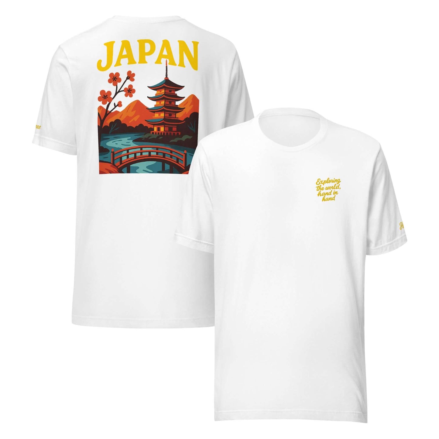 T-shirt bianca da uomo con ricamo "Exploring the World, hands in hands" e stampa giapponese sul retro.