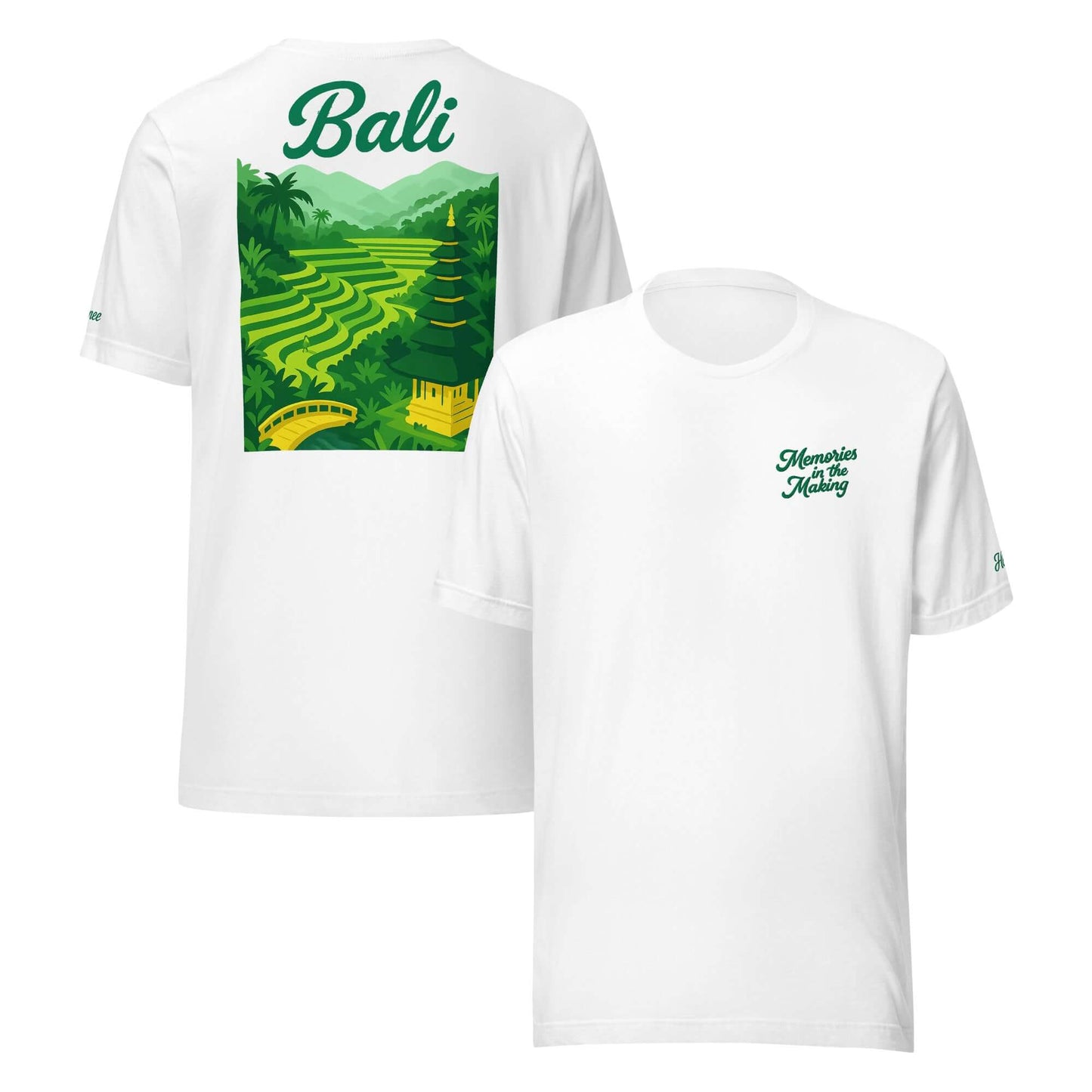 T-shirt Bali ricamata da uomo con frase "Memories in the Making" e stampa evocativa sul retro, ideale per t-shirt vacanze.