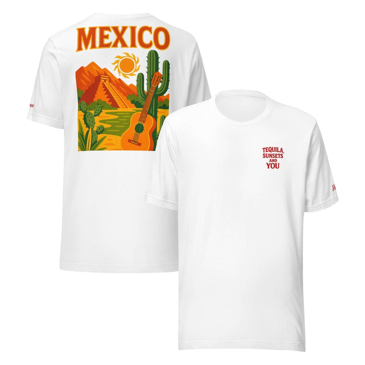 T-shirt bianca da donna con stampa Messico e frase "Tequila, Sunsets and You". Maglietta ricamata per vacanze.