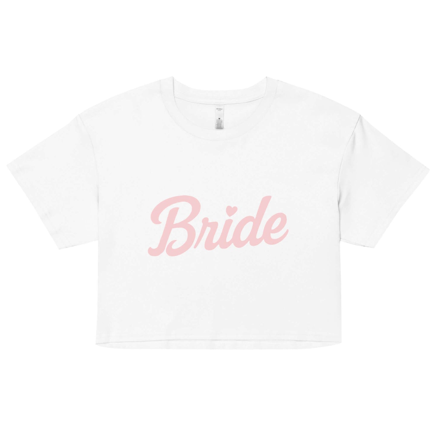 Crop top bianco con scritta rosa "Bride" ideale per spose, perfetto per addio al nubilato e momenti pre-matrimonio.
