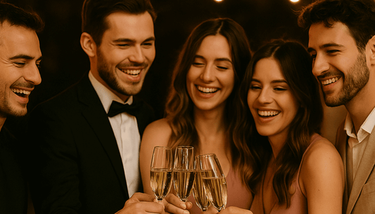 Cinque giovani adulti brindano con calici di champagne, sorridendo in un ambiente festivo elegante.