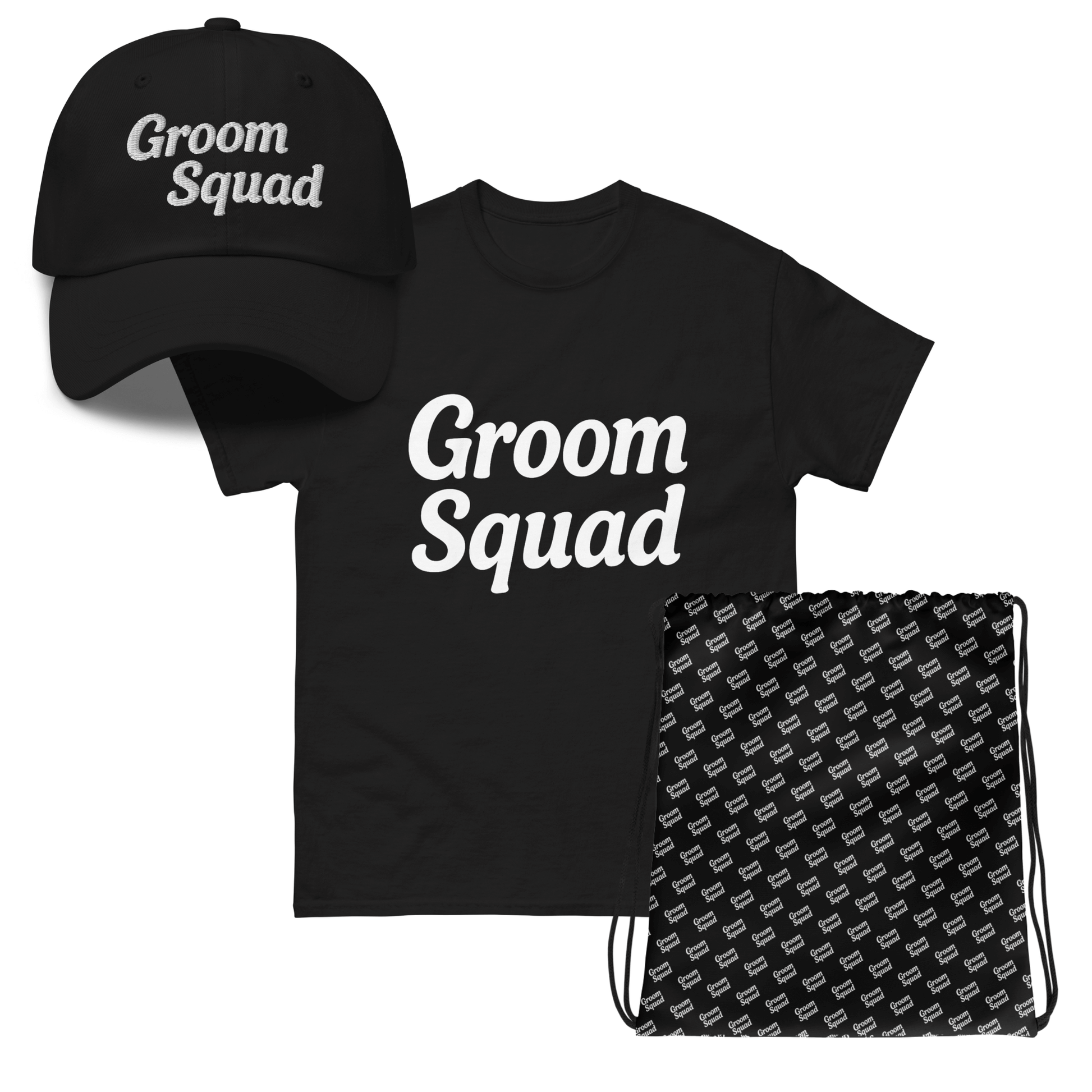 Set Groom Squad per addio al celibato: t-shirt, cappellino ricamato e sacca coordinata neri con scritte bianche.
