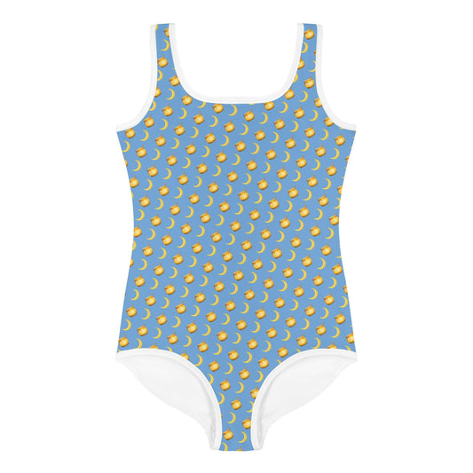 Costume da bagno bambina Honeymoon con stampa luna e vasetto di miele su sfondo azzurro