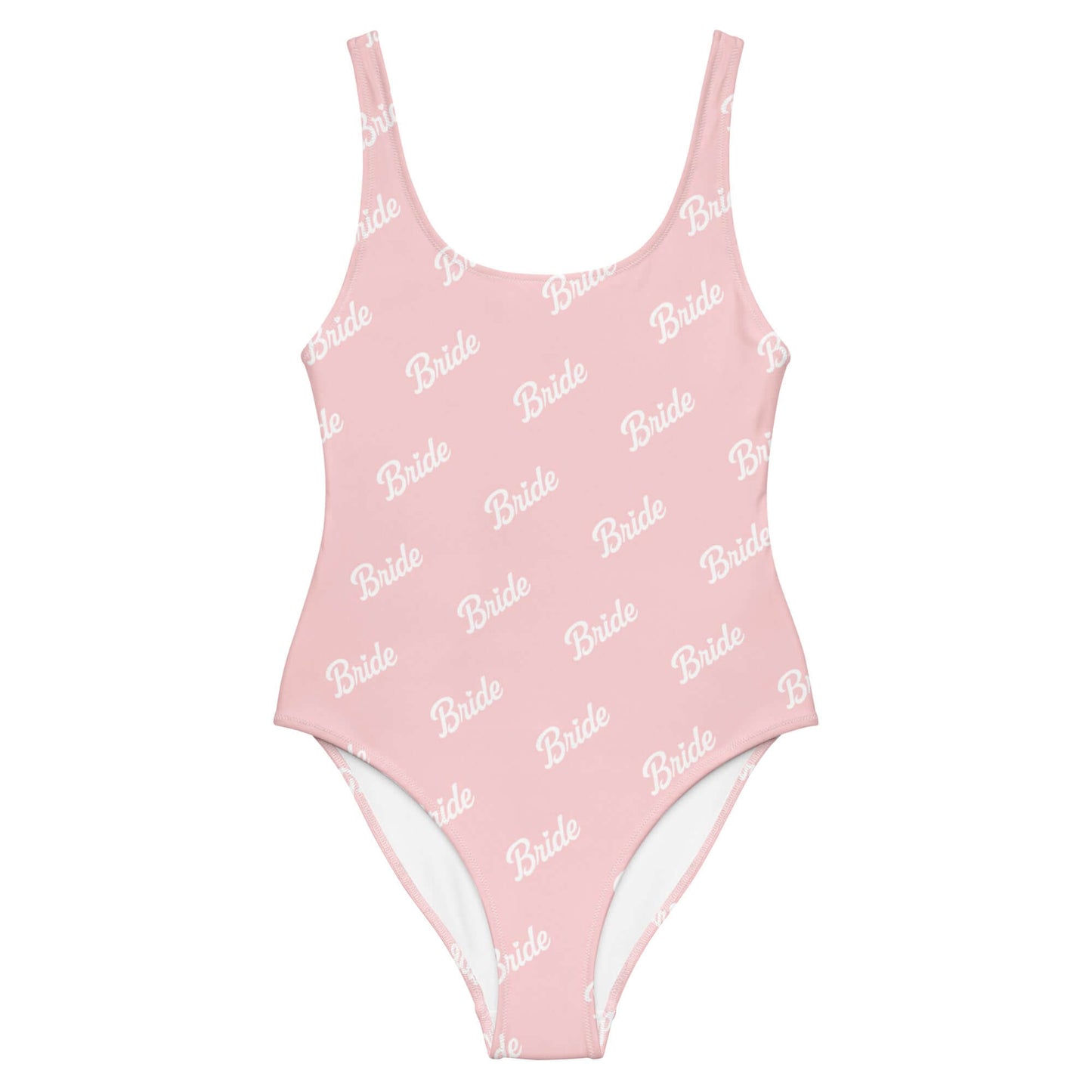 Costume da bagno intero sposa in rosa con scritta 'Bride', ideale per addio al nubilato e momenti di relax.