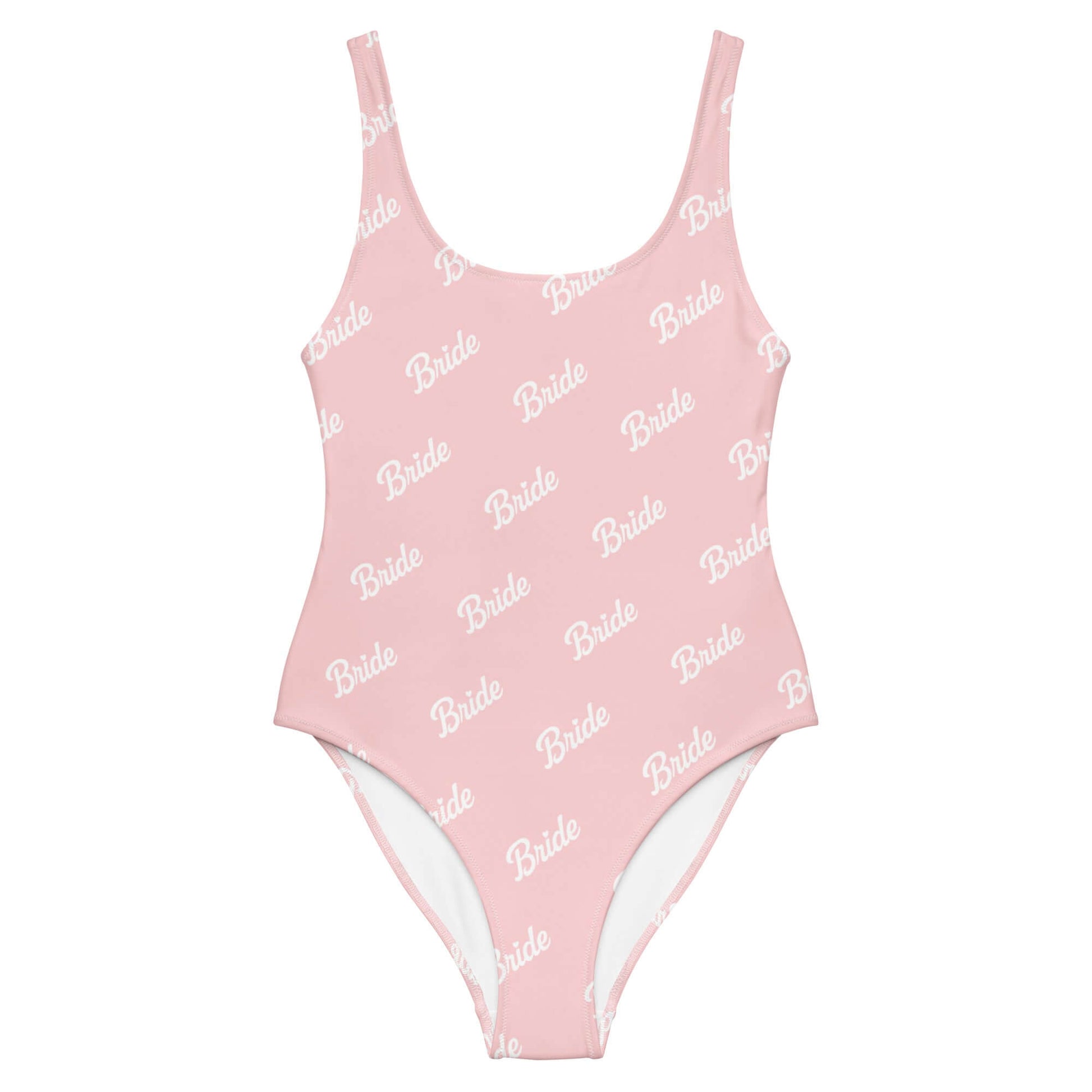 Costume da bagno intero sposa in rosa con scritta 'Bride', ideale per addio al nubilato e momenti di relax.