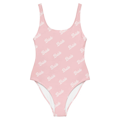 Costume da bagno intero sposa in rosa con scritta 'Bride', ideale per addio al nubilato e momenti di relax.