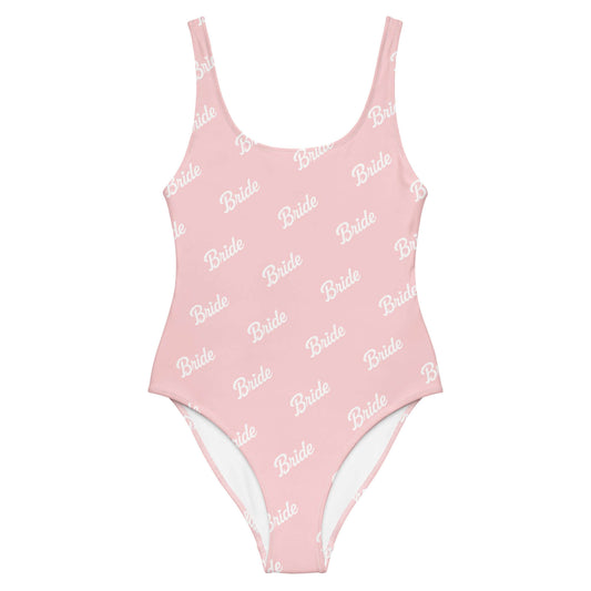 Costume da bagno intero sposa in rosa con scritta 'Bride', ideale per addio al nubilato e momenti di relax.