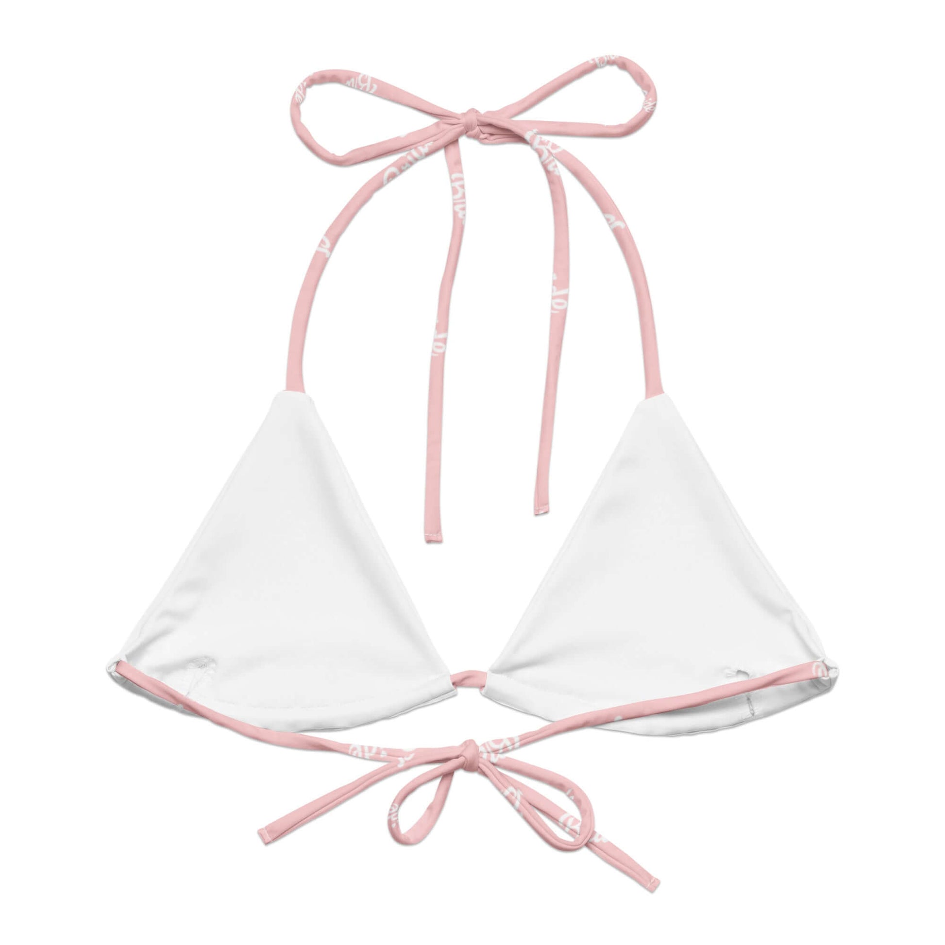 Bikini top bianco con lacci rosa, design elegante per spose moderne, perfetto per occasioni speciali.