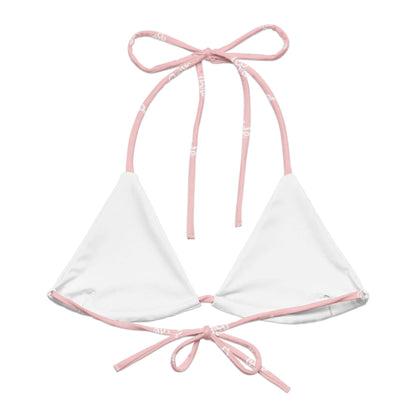 Bikini top bianco con lacci rosa, design elegante per spose moderne, perfetto per occasioni speciali.