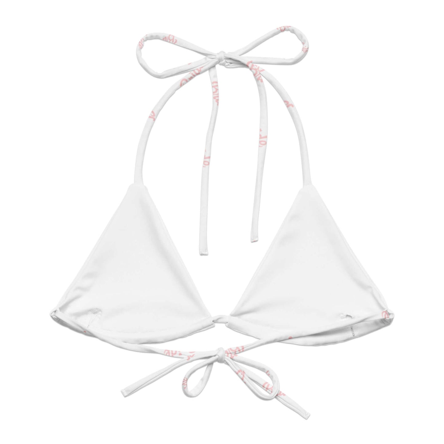 Bikini top bianco con lacci, scritta 'Bride' rosa, ideale per la sposa moderna e momenti speciali.